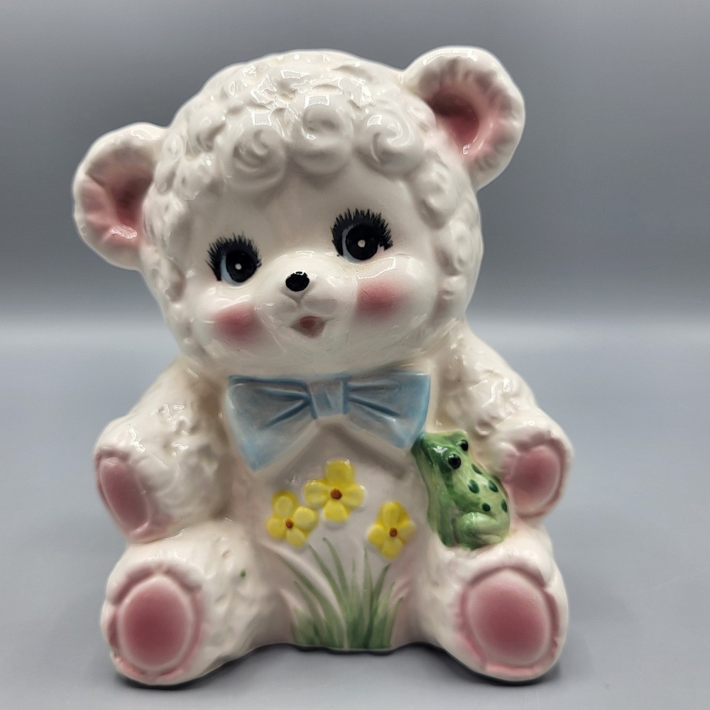 Inarco Japan Ceramic Anthropomorphic Lamb Planter Vintage Nursery Decor Bow Frog